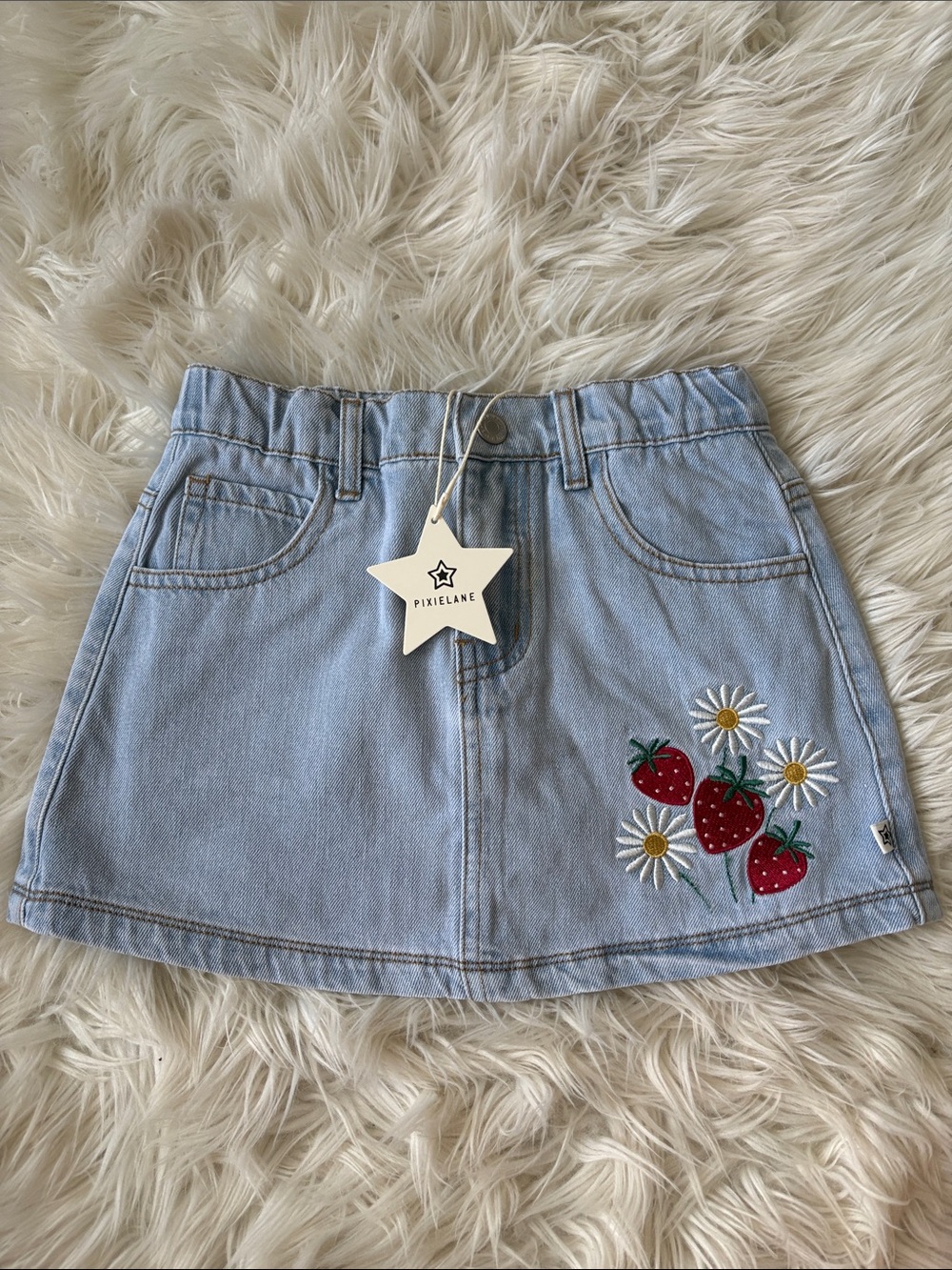 Light Blue Denim Skirt with Strawberry & Daisy Embroidery